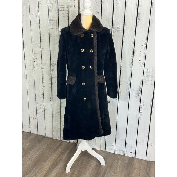 Vintage 70s Fingerhut Fashions Faux Fur Penny Lane Coat Black Double Breasted - Picture 1 of 16